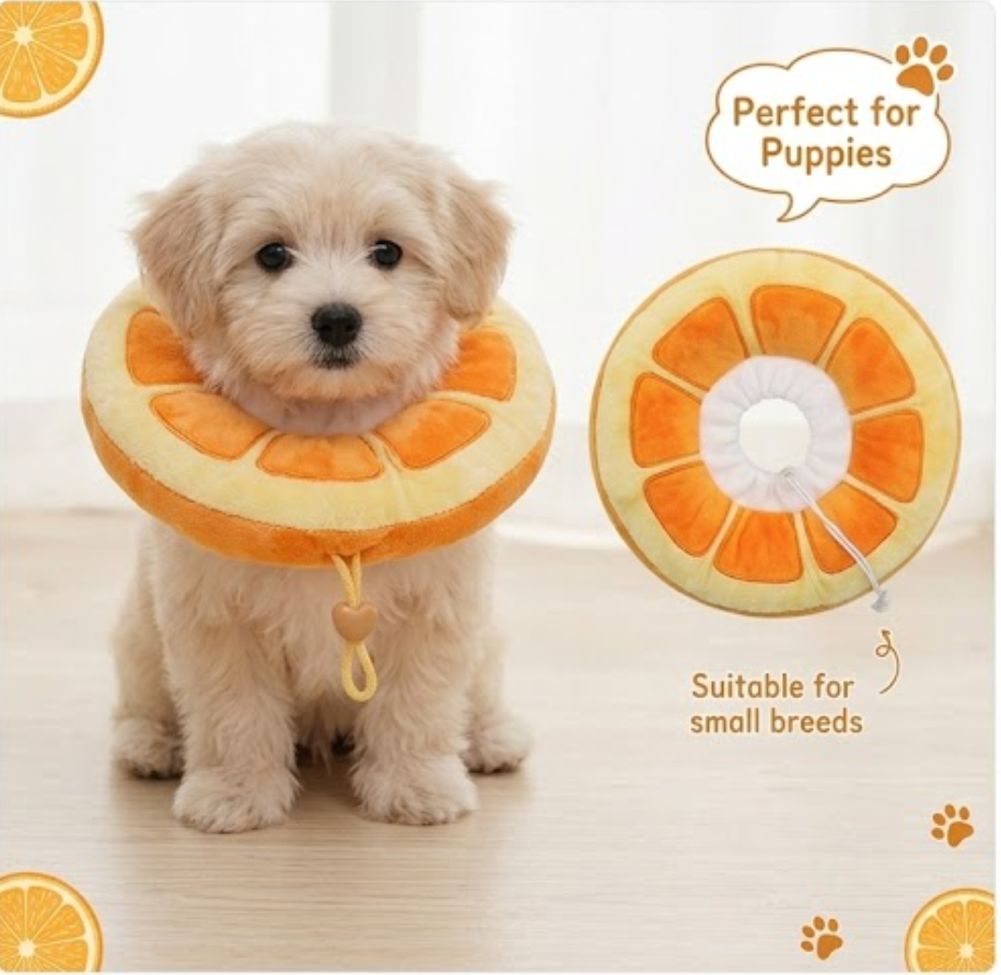 Plush Orange Slice Pet Recovery Collar | Soft & Adjustable Cone for Cats & Small Dogs
